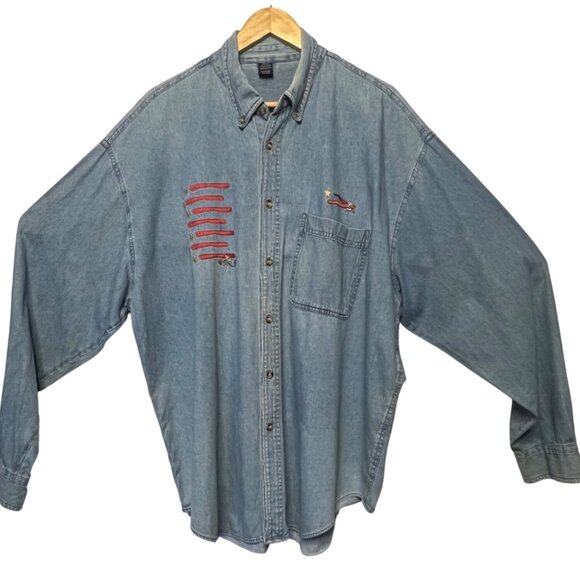 Vintage Men's XXL Denim Shirt Embroidered Star Stripe Design Pockets Y2K Westen - Picture 1 of 16